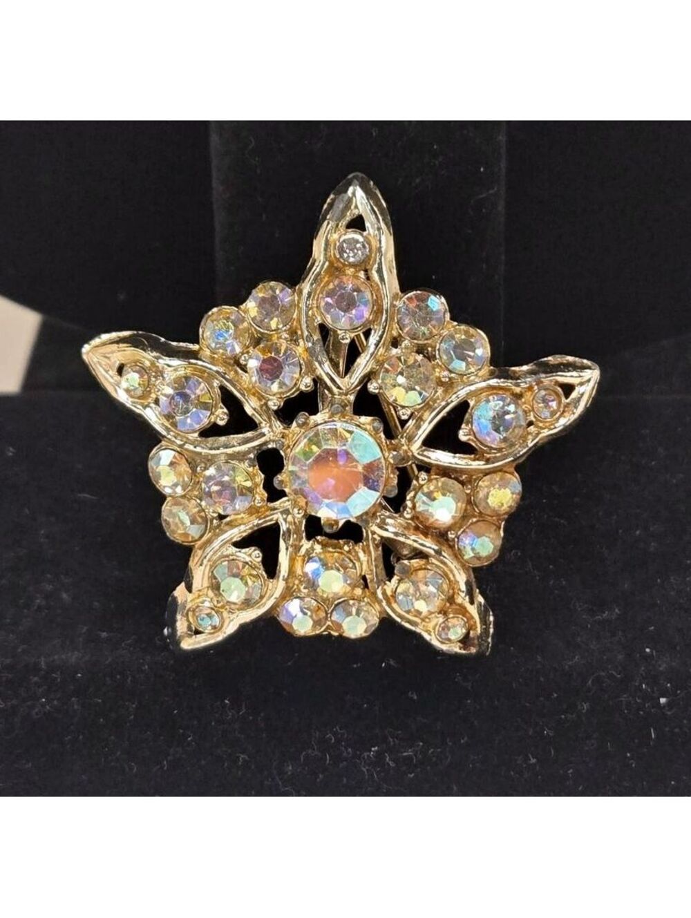 Vintage Silver Tone Aurora Borealis Rhinestone Starburst Brooch Pin 1960s MC
